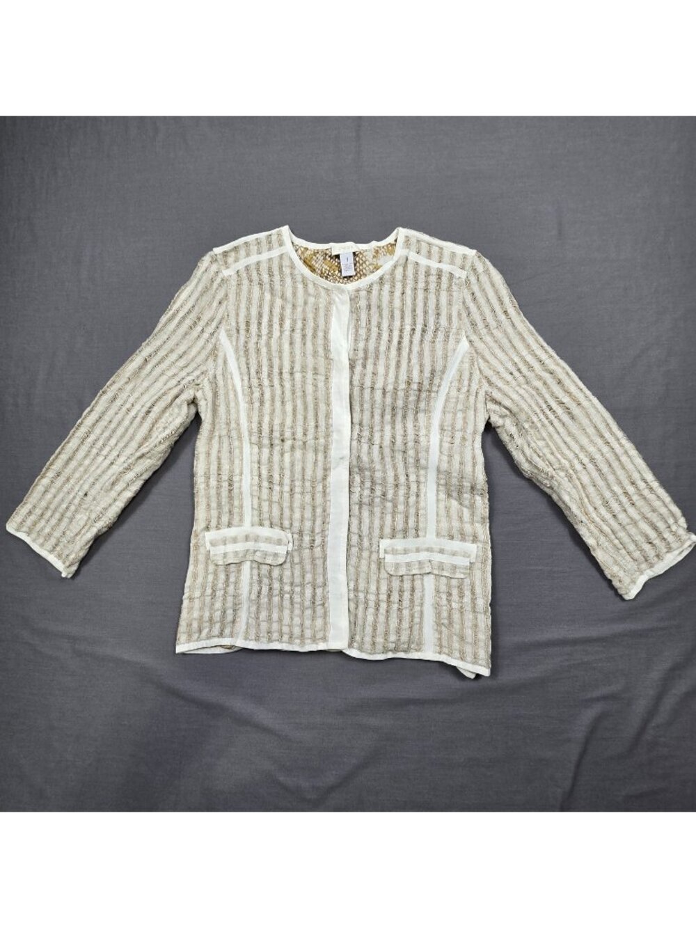 Chicos Size 1 Medium Striped Linen Blend Jacket Beige/White Snap Closure